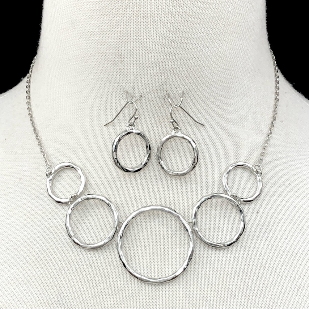 Silver Circle Rings Simple Necklace Earrings Set